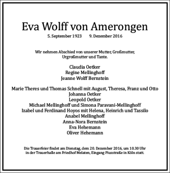 Traueranzeige von Eva Wolff Von Amerongen von Frankfurter Allgemeine Zeitung