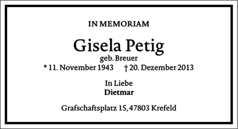  Traueranzeige für Gisela Petig vom 20.12.2016 aus Frankfurter Allgemeine Zeitung
