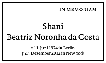 Traueranzeige von Shani Beatriz Noronha Da Costa von Frankfurter Allgemeine Zeitung