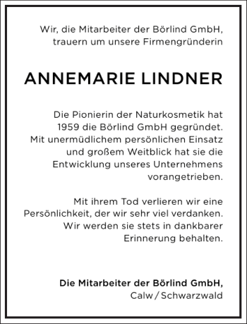 Traueranzeige von Annemarie Lindner von Frankfurter Allgemeine Zeitung