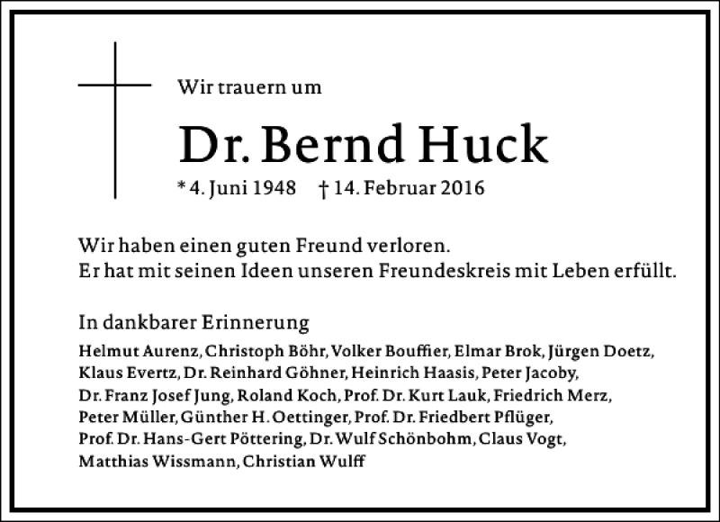  Traueranzeige für Bernd Huck vom 20.02.2016 aus Frankfurter Allgemeine Zeitung