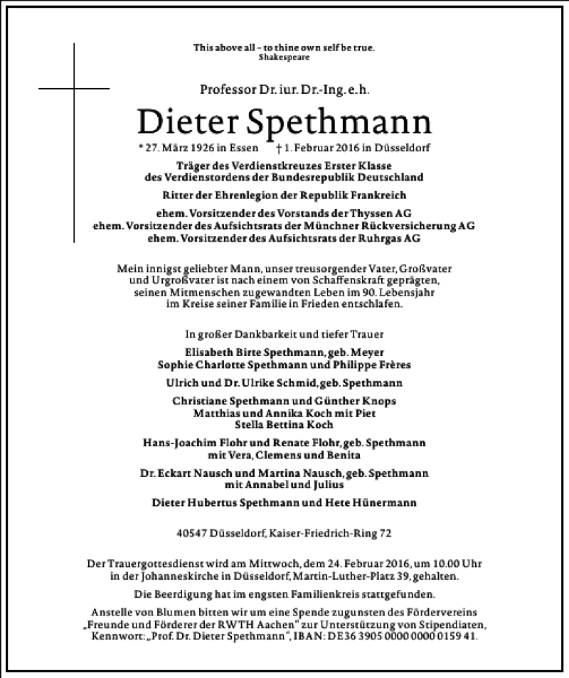  Traueranzeige für Dieter Spethmann vom 06.02.2016 aus Frankfurter Allgemeine Zeitung