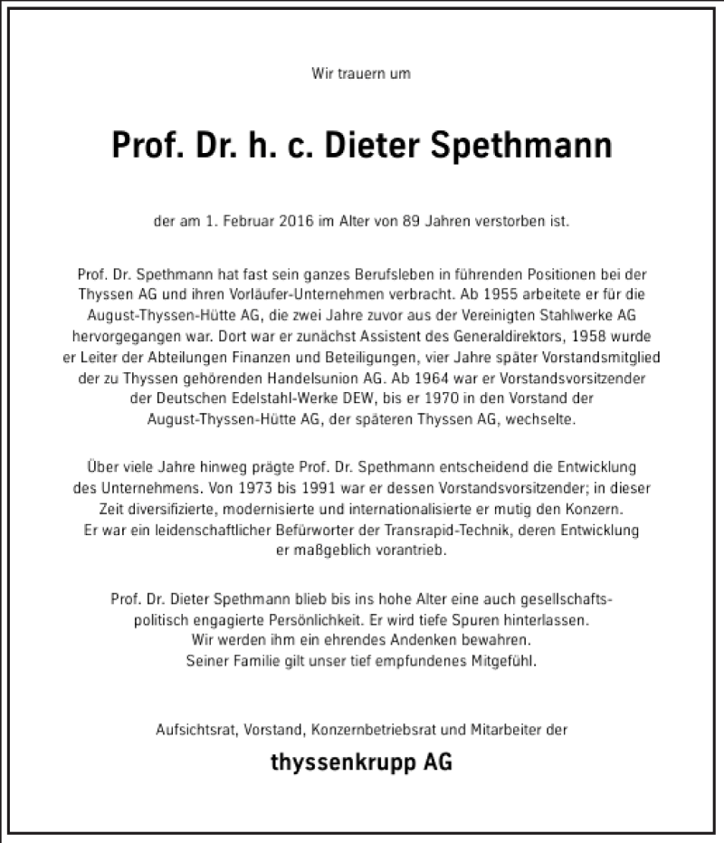  Traueranzeige für Dieter Spethmann vom 06.02.2016 aus Frankfurter Allgemeine Zeitung