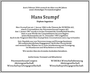 Traueranzeige von Hans Stumpf von Frankfurter Allgemeine Zeitung