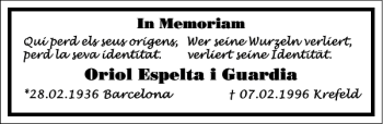 Traueranzeige von Oriol Espelta i Guardia von Frankfurter Allgemeine Zeitung