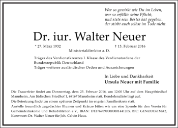 Traueranzeige von Walter Neuer von Frankfurter Allgemeine Zeitung