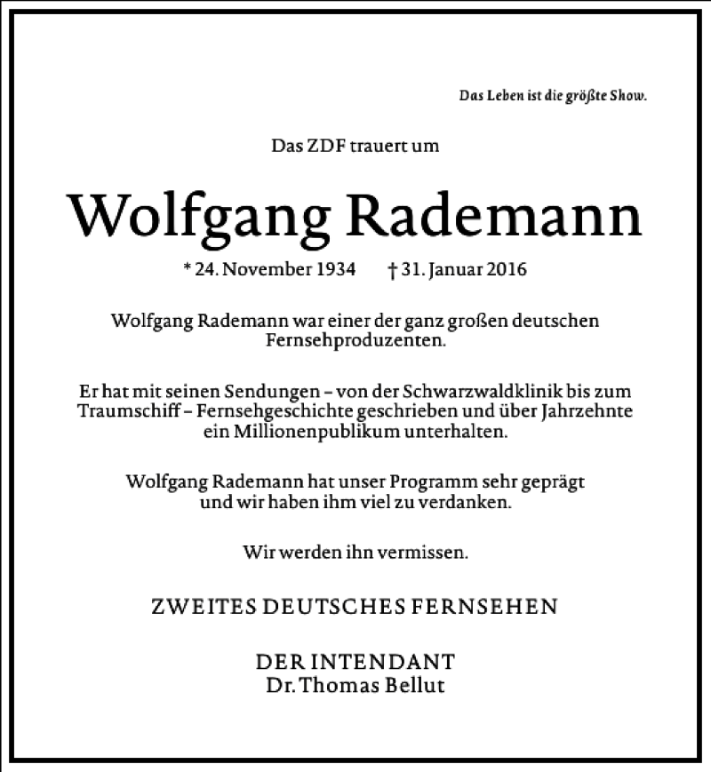  Traueranzeige für Wolfgang Rademann vom 09.02.2016 aus Frankfurter Allgemeine Zeitung