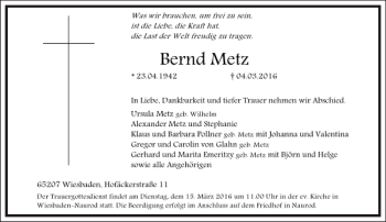 Traueranzeige von Bernd Metz von Frankfurter Allgemeine Zeitung