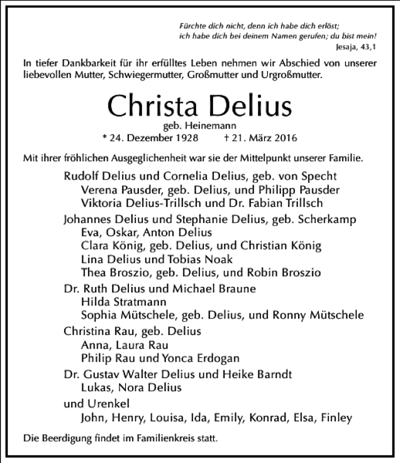 Traueranzeige für Christa Delius vom 26.03.2016 aus Frankfurter Allgemeine Zeitung
