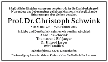 Traueranzeige von Christoph Schwink von Frankfurter Allgemeine Zeitung