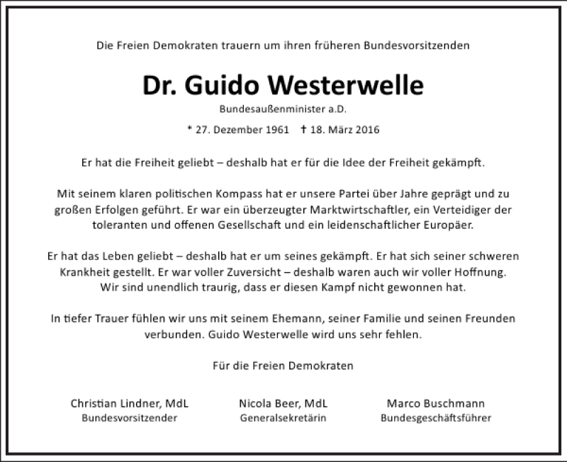  Traueranzeige für Guido Westerwelle vom 24.03.2016 aus Frankfurter Allgemeine Zeitung
