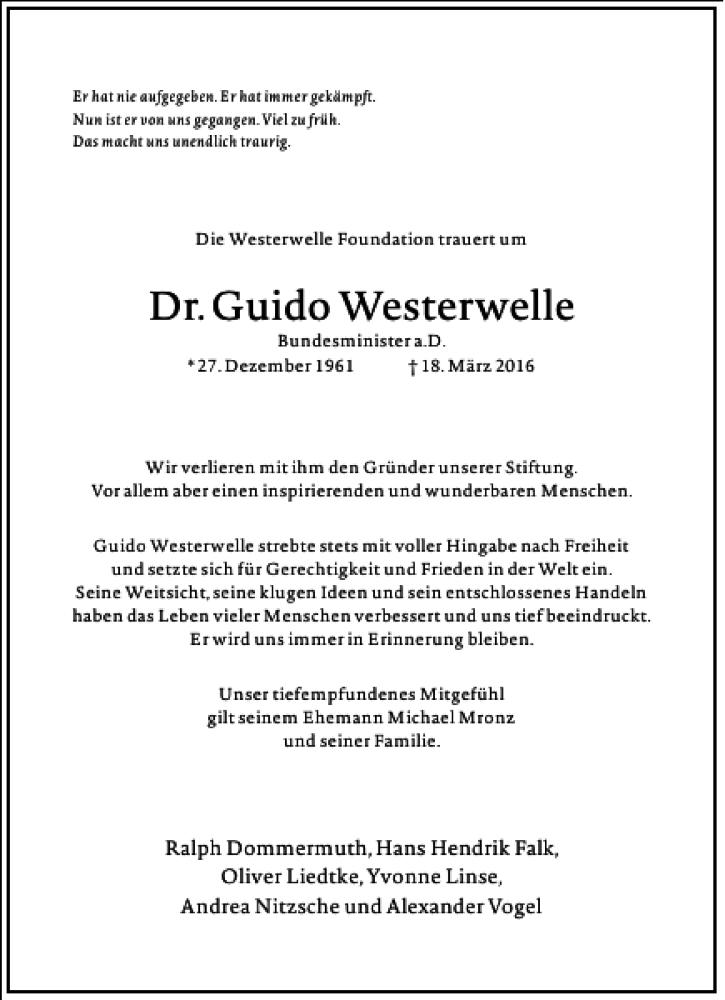 Guido Westerwelle Todesanzeige