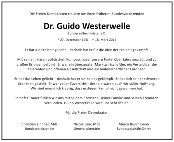 Traueranzeige von Guido Westerwelle von Frankfurter Allgemeine Zeitung