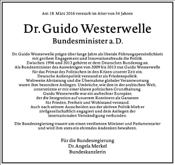 Traueranzeige von Guido Westerwelle von Frankfurter Allgemeine Zeitung