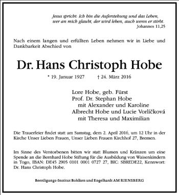 Traueranzeige von Hans Christoph Hobe von Frankfurter Allgemeine Zeitung