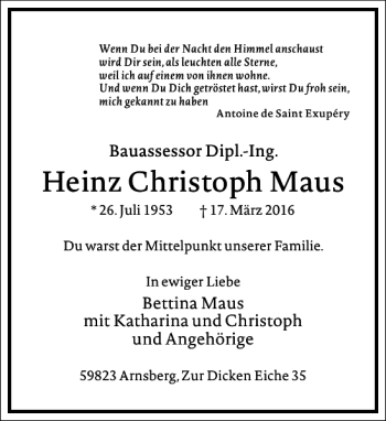 Traueranzeige von Heinz Christoph Maus von Frankfurter Allgemeine Zeitung