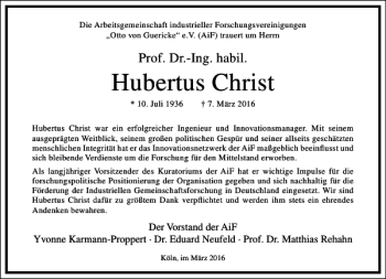 Traueranzeige von Hubertus Christ von Frankfurter Allgemeine Zeitung