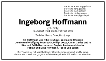 Traueranzeige von Ingeborg Hoffmann von Frankfurter Allgemeine Zeitung