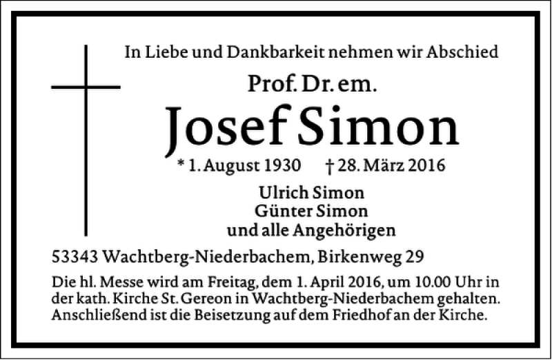  Traueranzeige für Josef Simon vom 30.03.2016 aus Frankfurter Allgemeine Zeitung