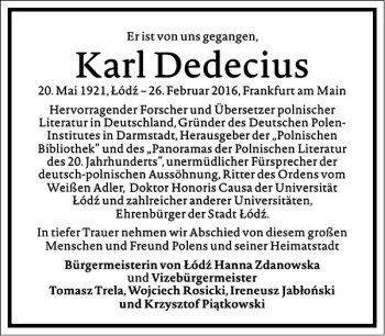 Traueranzeige von Karl Dedecius von Frankfurter Allgemeine Zeitung