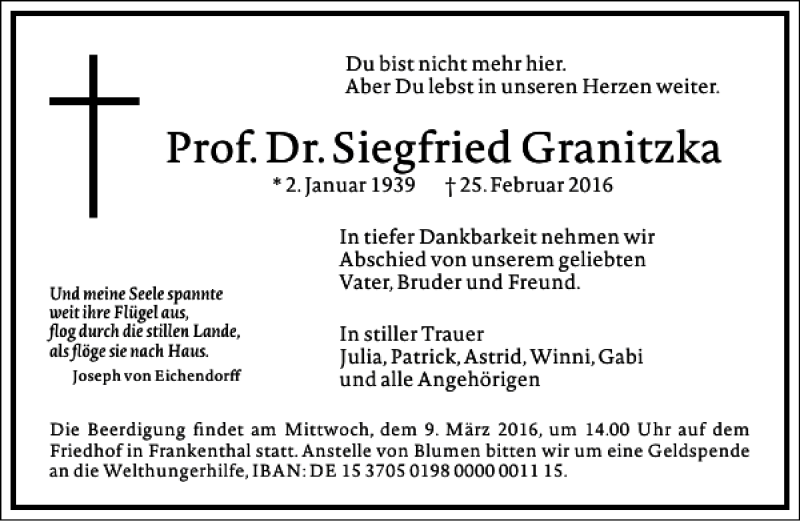  Traueranzeige für Siegfried Granitzka vom 02.03.2016 aus Frankfurter Allgemeine Zeitung