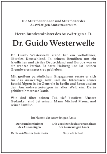 Traueranzeige von Traueranzeige Westerwelle von Frankfurter Allgemeine Zeitung