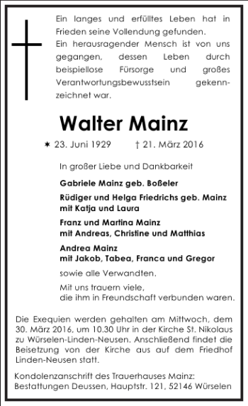 Traueranzeige von Walter Mainz von Frankfurter Allgemeine Zeitung