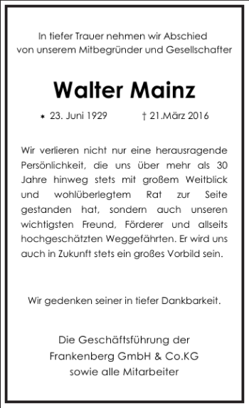 Traueranzeige von Walter Mainz von Frankfurter Allgemeine Zeitung