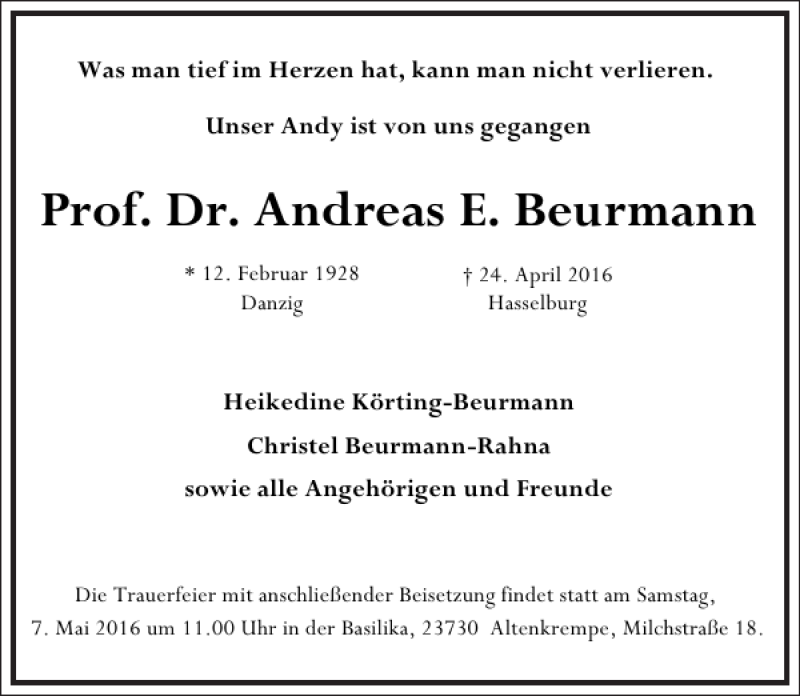  Traueranzeige für Andreas E. Beurmann vom 30.04.2016 aus Frankfurter Allgemeine Zeitung