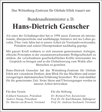 Traueranzeige von Hans-Dietrich Genscher von Frankfurter Allgemeine Zeitung