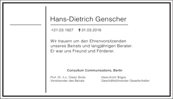 Traueranzeige von Hans-Dietrich Genscher von Frankfurter Allgemeine Zeitung