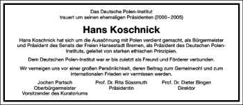 Traueranzeige von Hans Koschnick von Frankfurter Allgemeine Zeitung