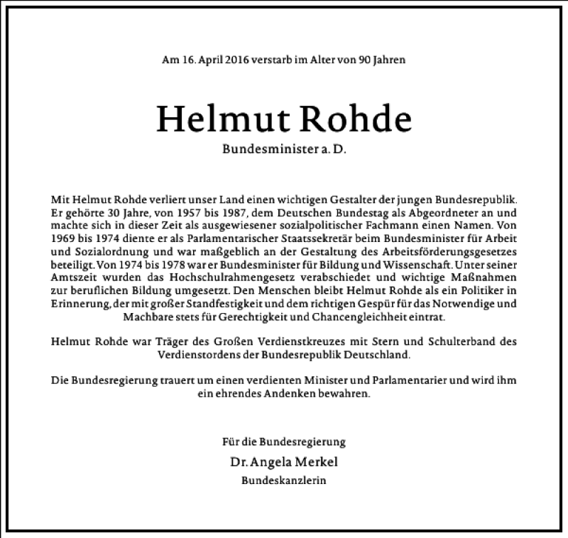 Traueranzeige für Helmut Rohde vom 28.04.2016 aus Frankfurter Allgemeine Zeitung