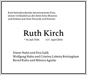 Traueranzeige von Ruth Kirch von Frankfurter Allgemeine Zeitung