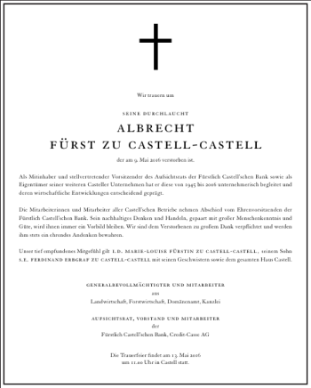Traueranzeige von Albrecht Fürst zu Castell-C. von Frankfurter Allgemeine Zeitung