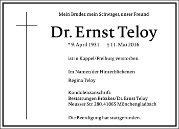 Traueranzeige von Ernst Teloy von Frankfurter Allgemeine Zeitung