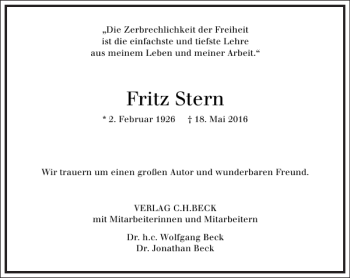 Traueranzeige von Fritz Stern von Frankfurter Allgemeine Zeitung