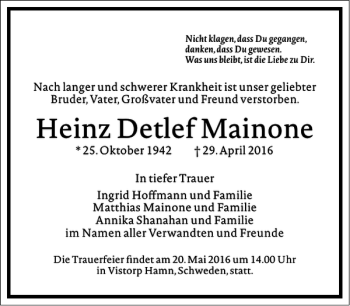 Traueranzeige von Heinz Detlef Mainone von Frankfurter Allgemeine Zeitung