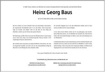 Traueranzeige von Heinz Georg Baus von Frankfurter Allgemeine Zeitung