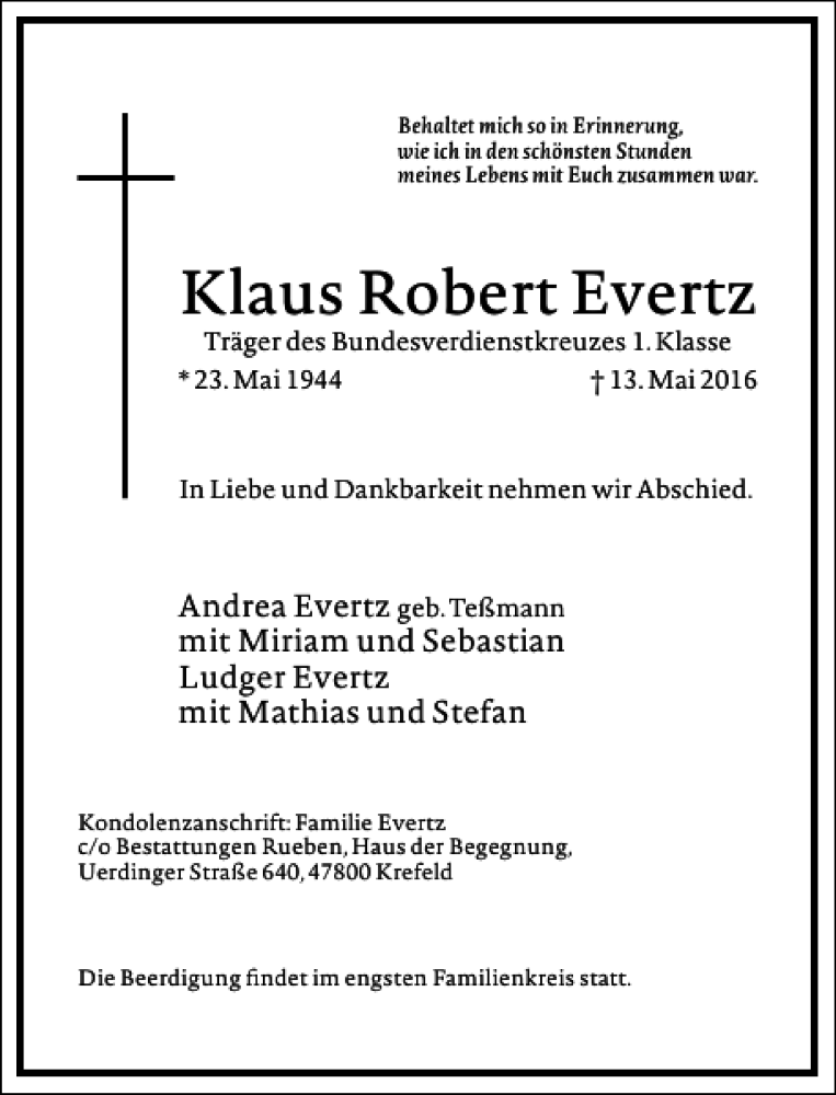  Traueranzeige für Klaus Robert Evertz vom 18.05.2016 aus Frankfurter Allgemeine Zeitung