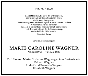 Traueranzeige von Marie-Caroline Wagner von Frankfurter Allgemeine Zeitung