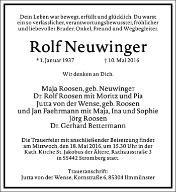 Traueranzeige von Rolf Neuwinger von Frankfurter Allgemeine Zeitung