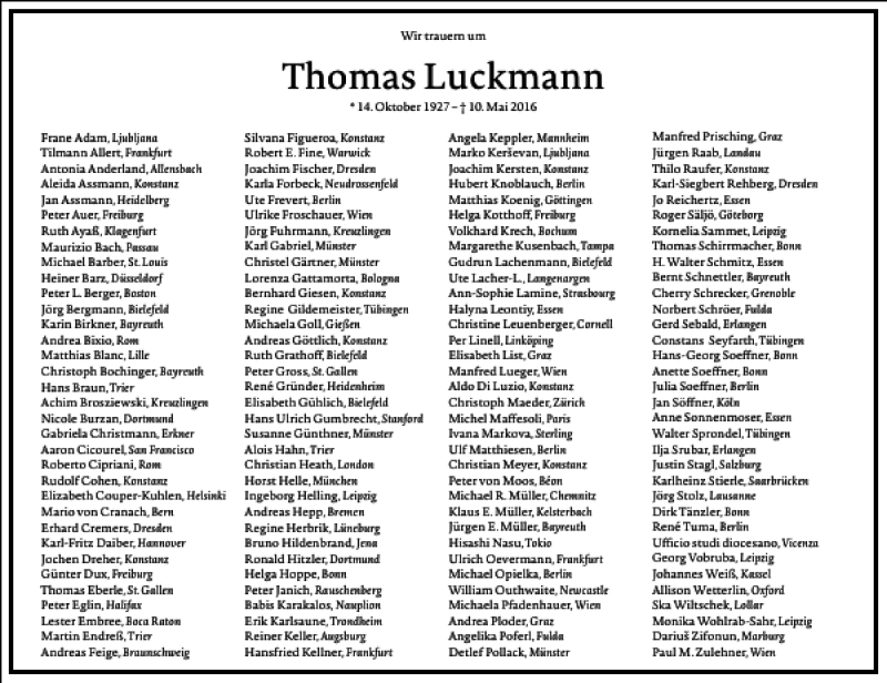  Traueranzeige für Thomas Luckmann vom 20.05.2016 aus Frankfurter Allgemeine Zeitung