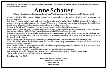 Traueranzeige von Anne Schauer von Frankfurter Allgemeine Zeitung