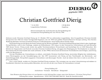 Traueranzeige von Christian Gottfried Dierig von Frankfurter Allgemeine Zeitung