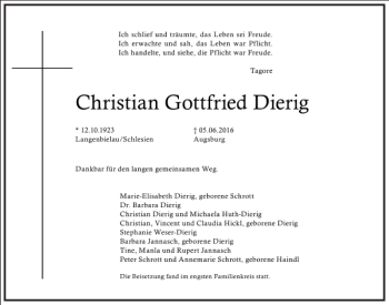 Traueranzeige von Christian Gottfried Dierig von Frankfurter Allgemeine Zeitung