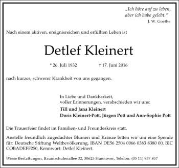 Traueranzeige von Detlef Kleinert von Frankfurter Allgemeine Zeitung