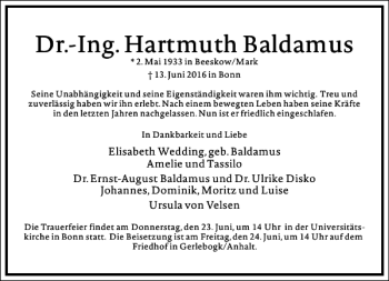 Traueranzeige von Dr.-Ing. Hartmuth Baldamus von Frankfurter Allgemeine Zeitung