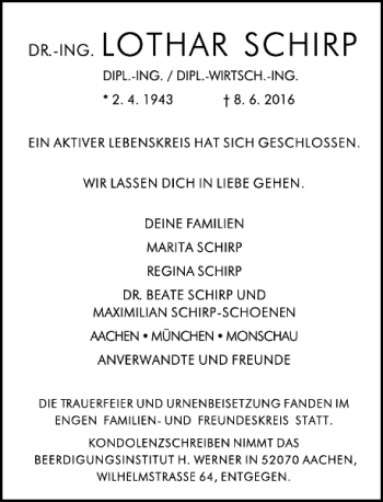 Traueranzeige von Dr. Ing. Lothar Schirp von Frankfurter Allgemeine Zeitung