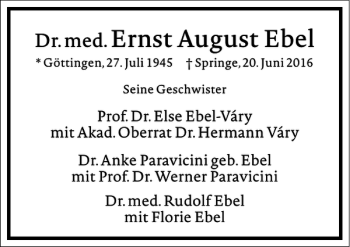 Traueranzeige von Dr. med. Ernst August Ebel von Frankfurter Allgemeine Zeitung
